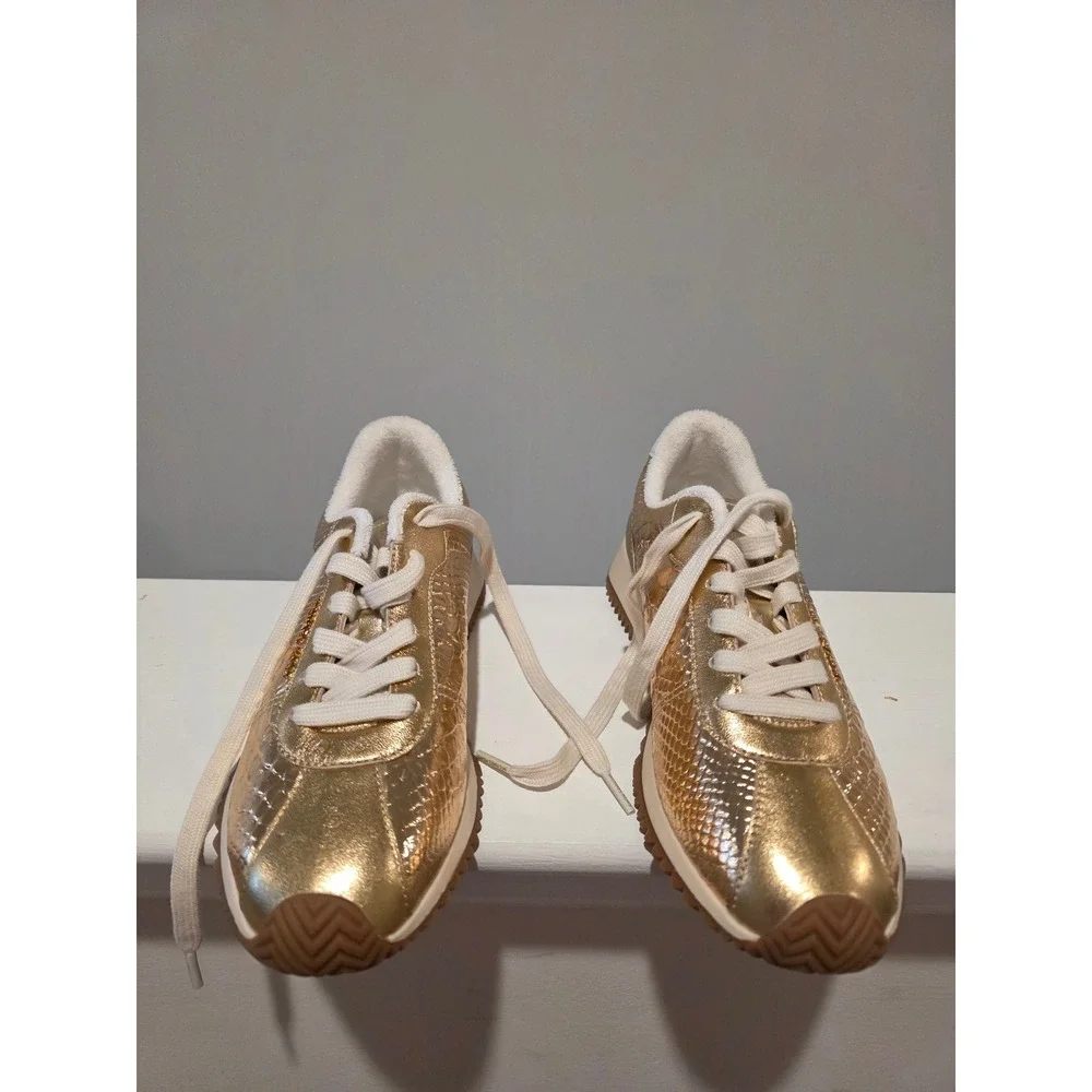 Women's sz 6 M Michael Kors Gold Metallic Croc Embossed Low Top Sneakers Lace Up